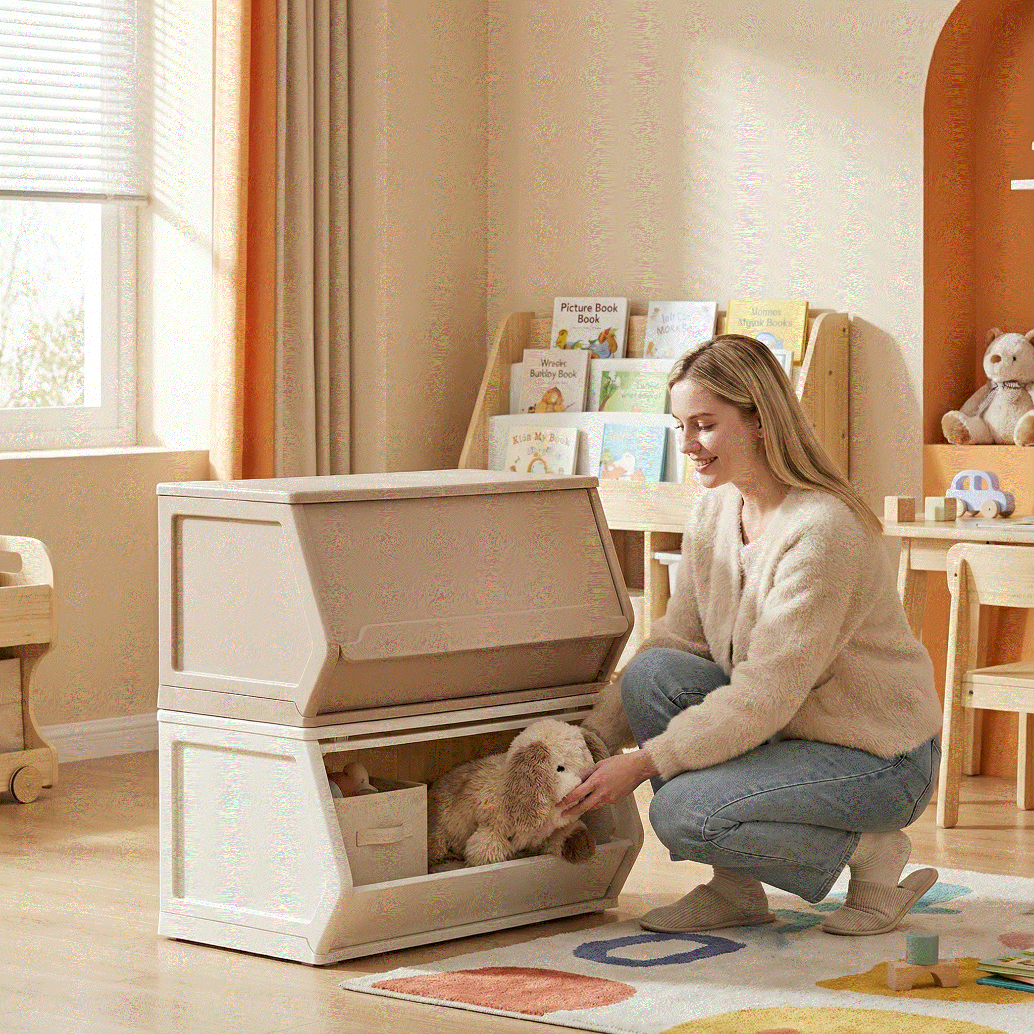 Opberg Combinatie Beige XL stapelbare opbergbakken in beige en wit voor speelgoed en boeken