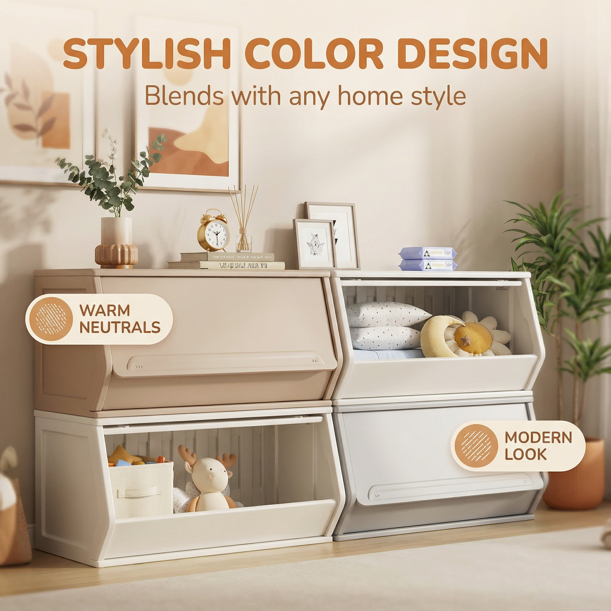 Opberg Combinatie Beige XL duurzame beige en witte kunststof opbergbakken voor speelgoed en boeken