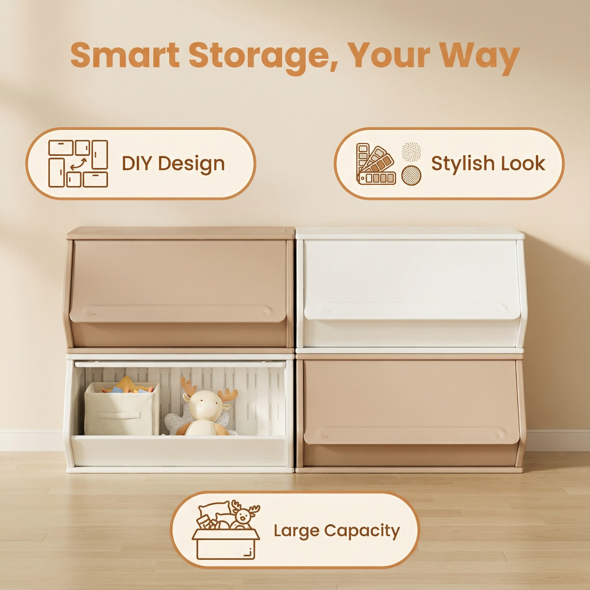 Opberg Combinatie Beige XL duurzame kunststof opbergboxen in beige en wit voor speelgoed en boeken