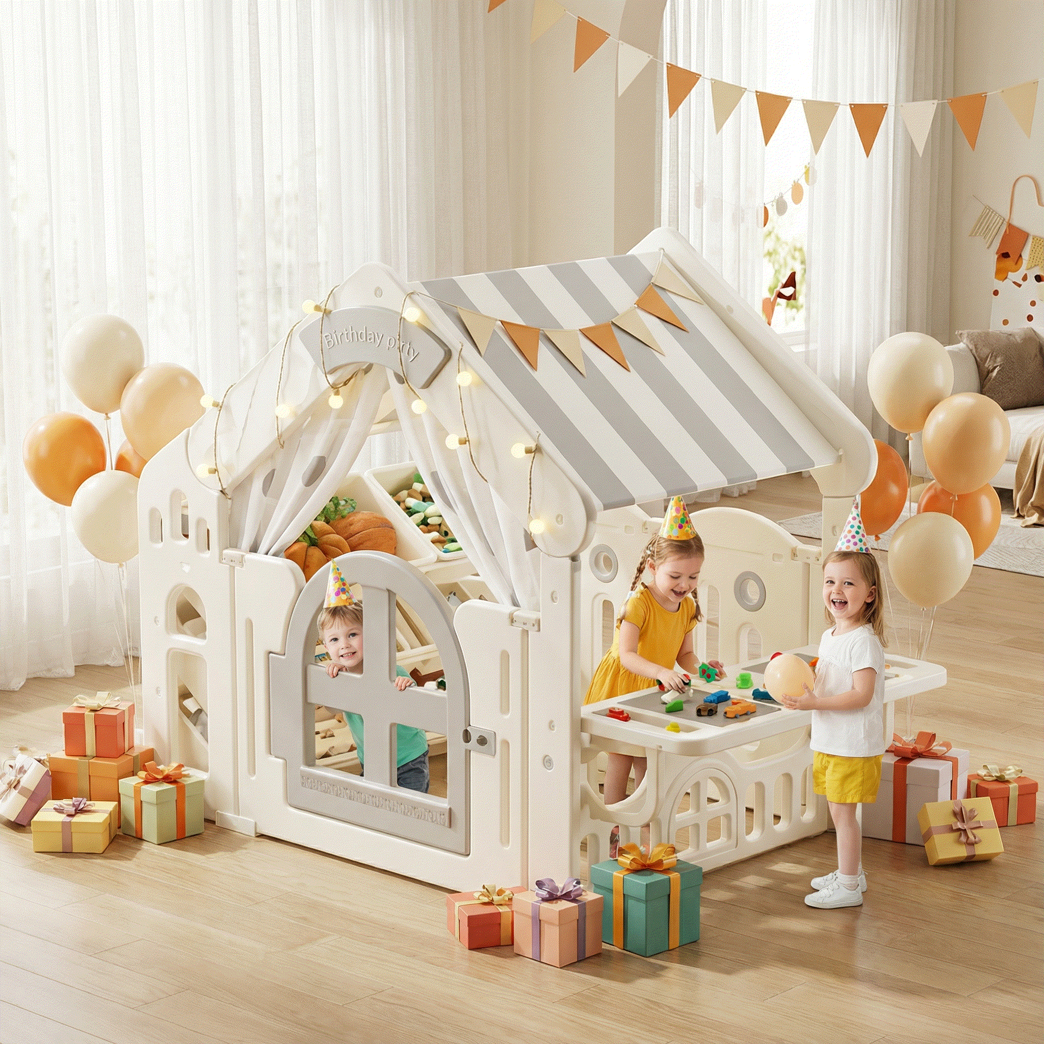 Speelhuisje voor kinderen grijs van kunststof met stoffen dak geschikt voor binnen en buiten