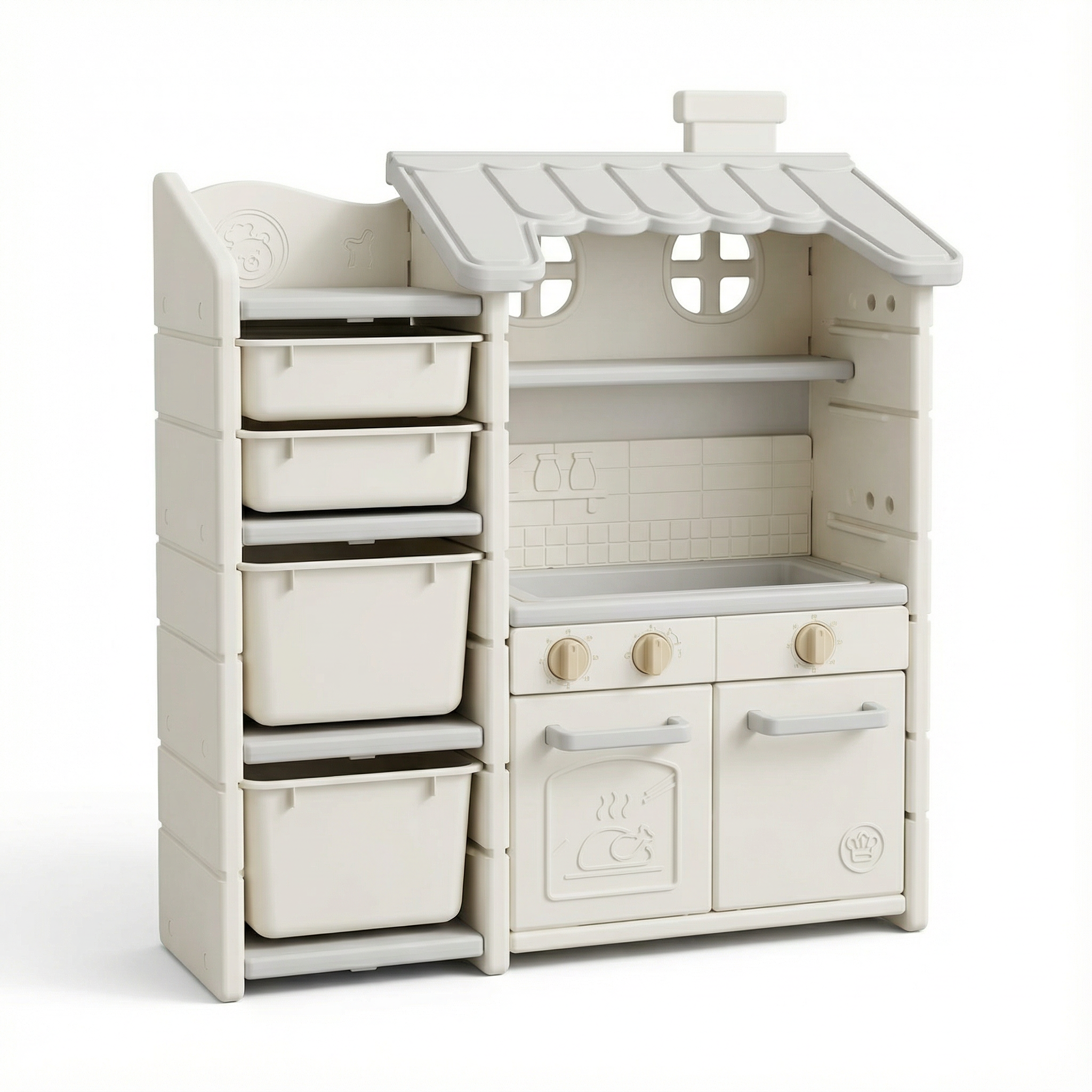 Speelkeuken Grijs | Neutrale kunststof keuken met opbergbakken