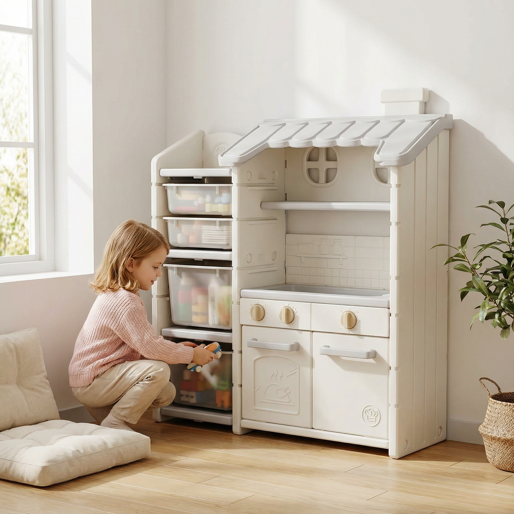 Speelkeuken Grijs | Neutrale kunststof keuken met opbergbakken