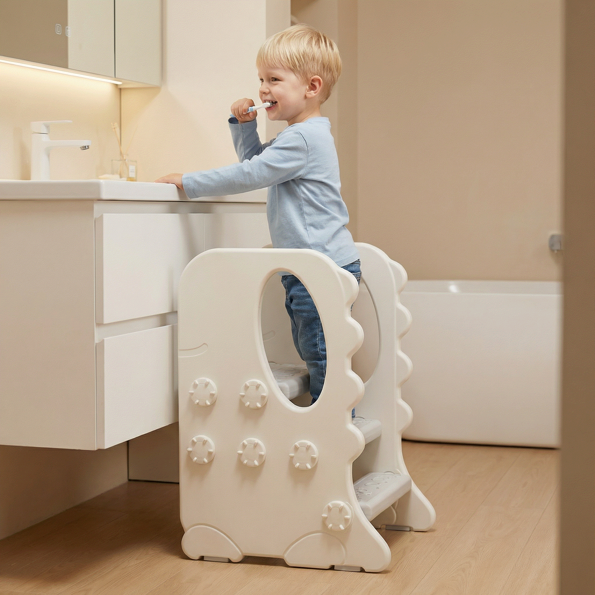 Keukenhulp Opstapje Dino kindersteun in grijs crème kunststof met dinosaurusdesign