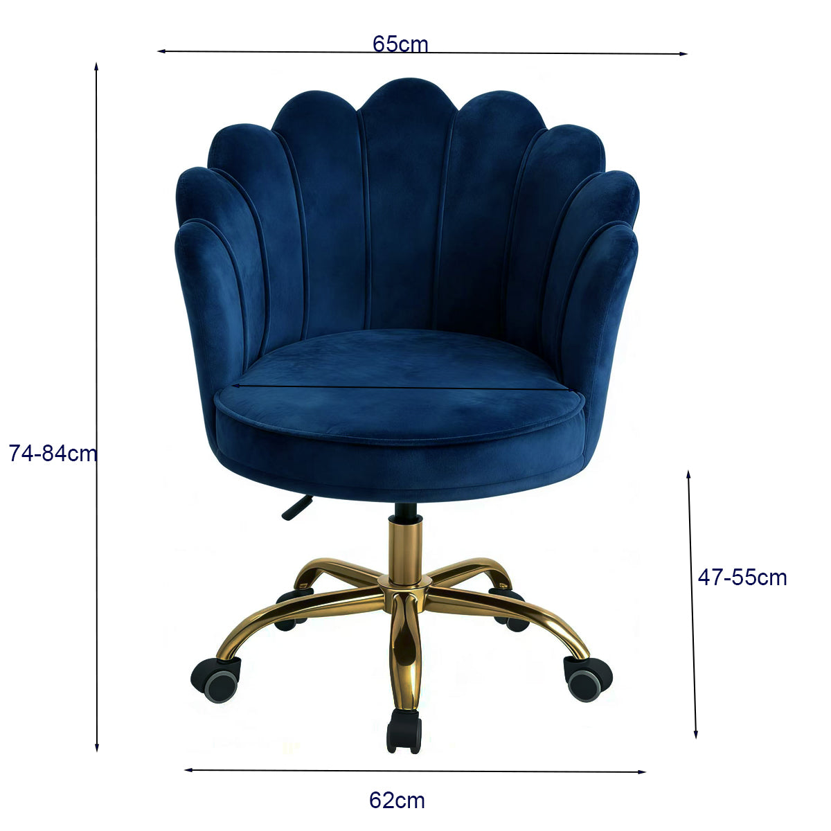 Velvet Schelp Bureaustoel Blauw met Goudkleurig onderstel