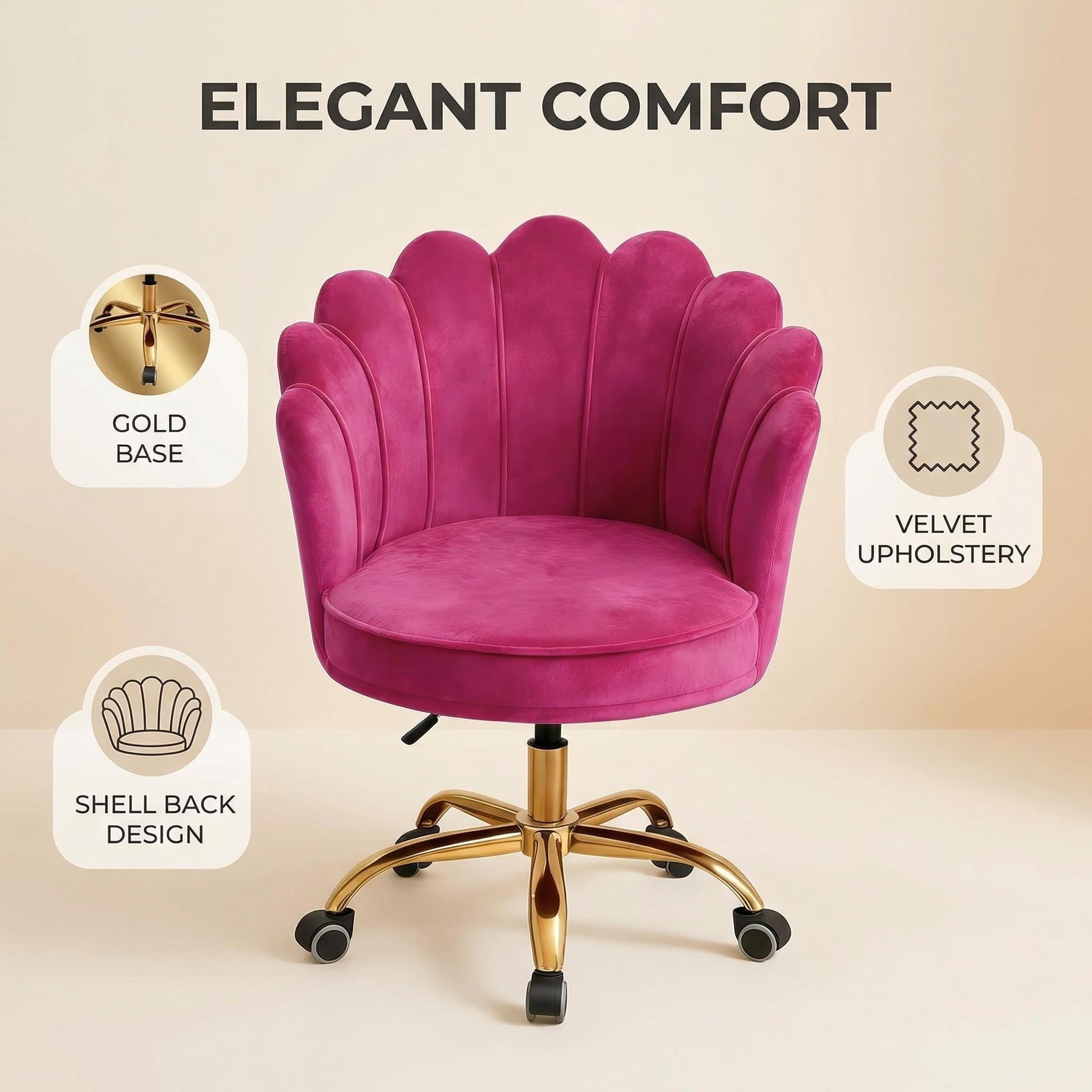 Velvet Schelp Bureaustoel Fuchsia met Goudkleurig onderstel