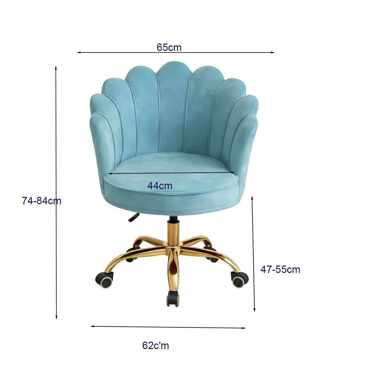 Velvet Schelp Bureaustoel lichtblauw met goudkleurig onderstel en 360 graden draaibare wielen