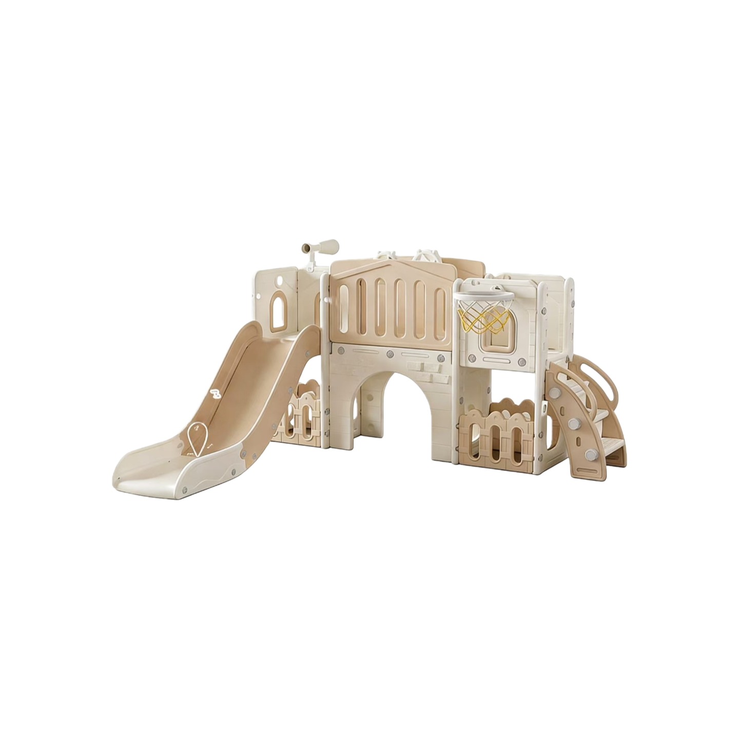 Beige Speeltoestel Toren XL with slide and basketball hoop for toddlers and preschoolers