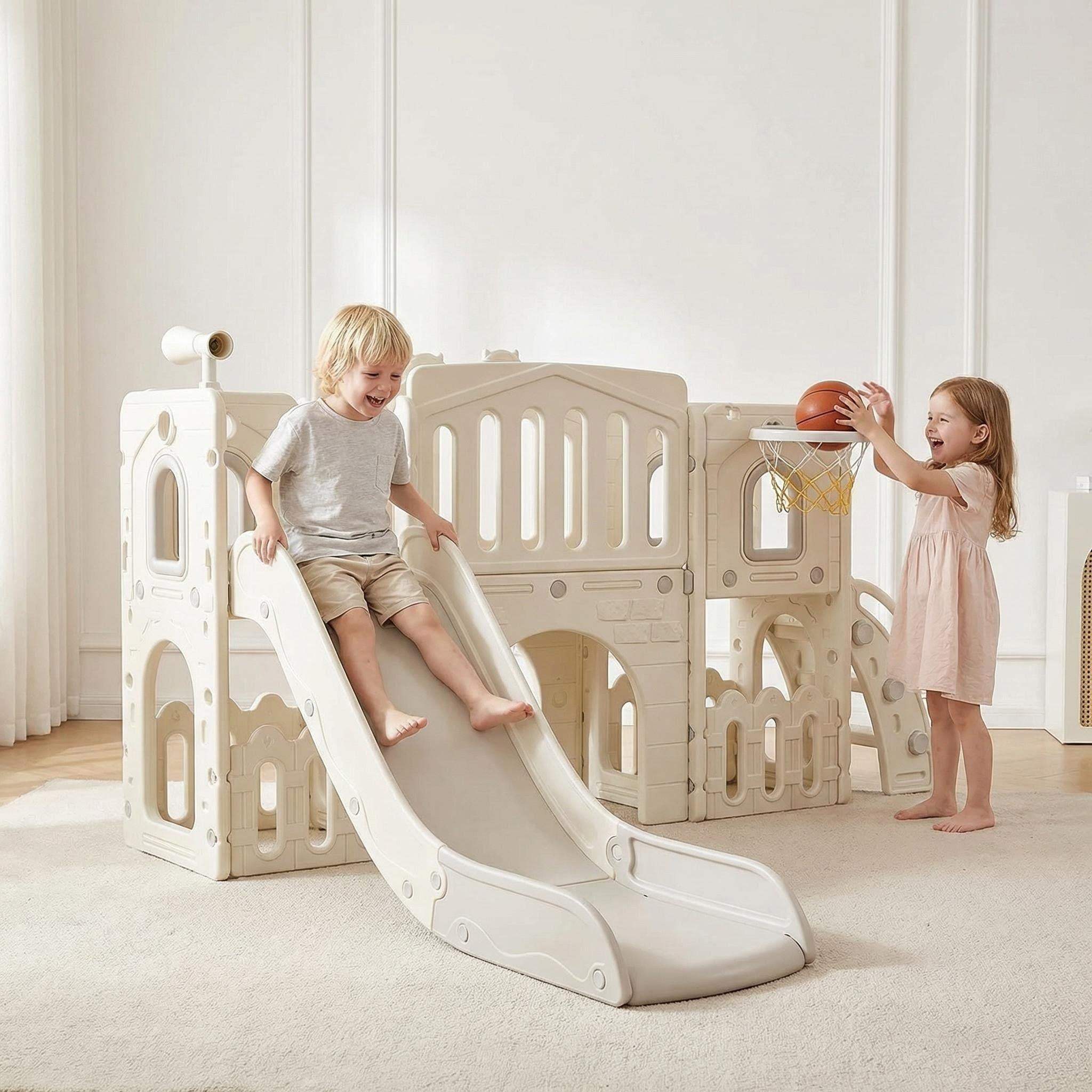 Speeltoestel Toren XL modern grijs met glijbaan en basket voor kinderen