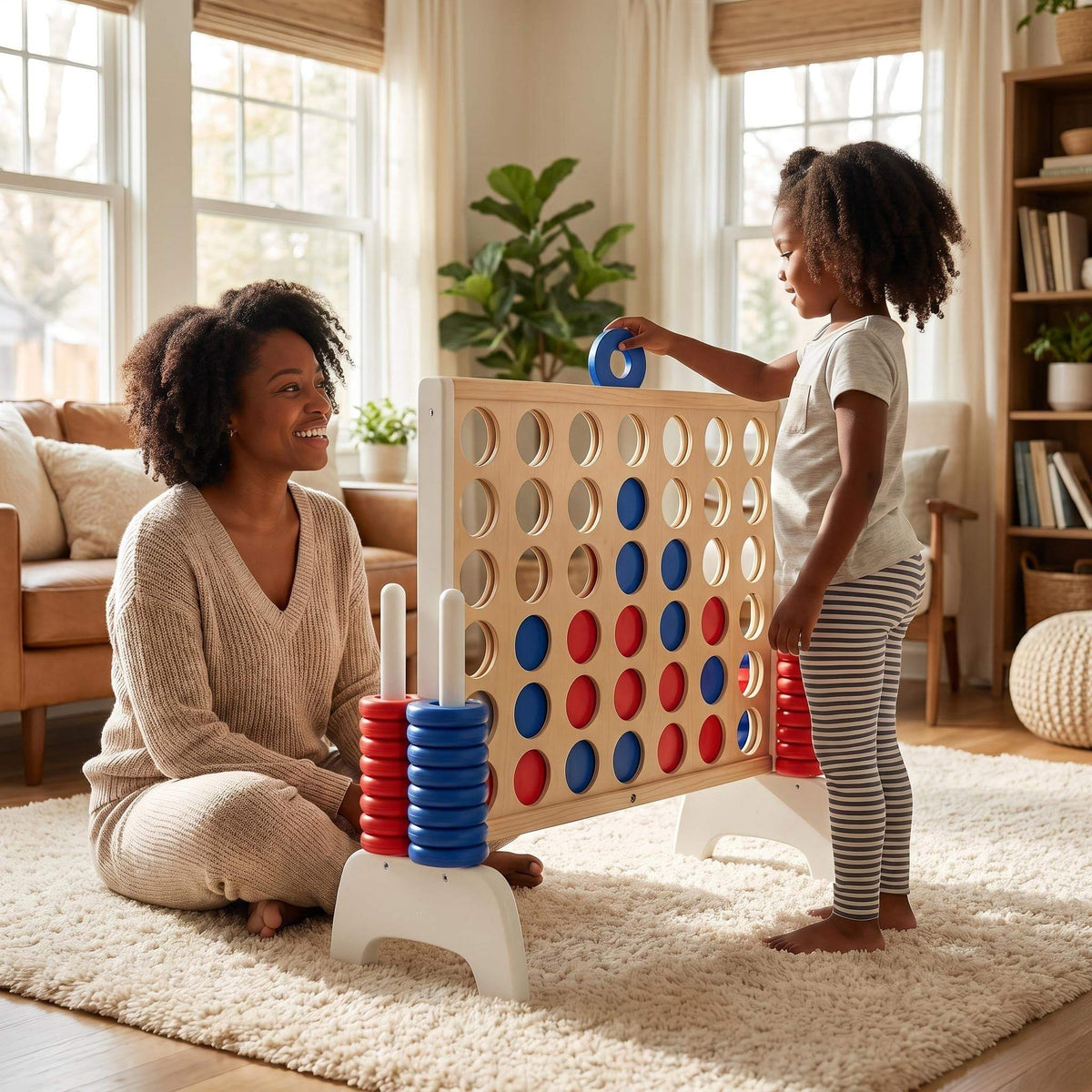 Montessori XXL 4 op een Rij groot strategiespel met houten design en kleurrijke speelstenen