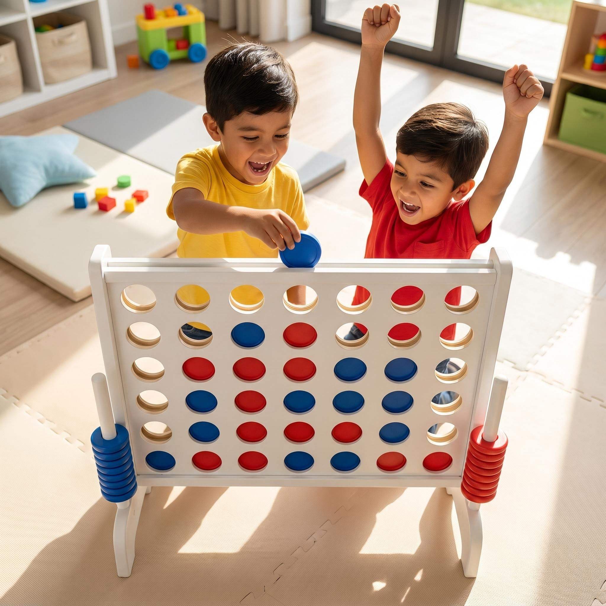 Montessori XXL 4 op een Rij groot strategiespel met houten design en rode en blauwe stenen