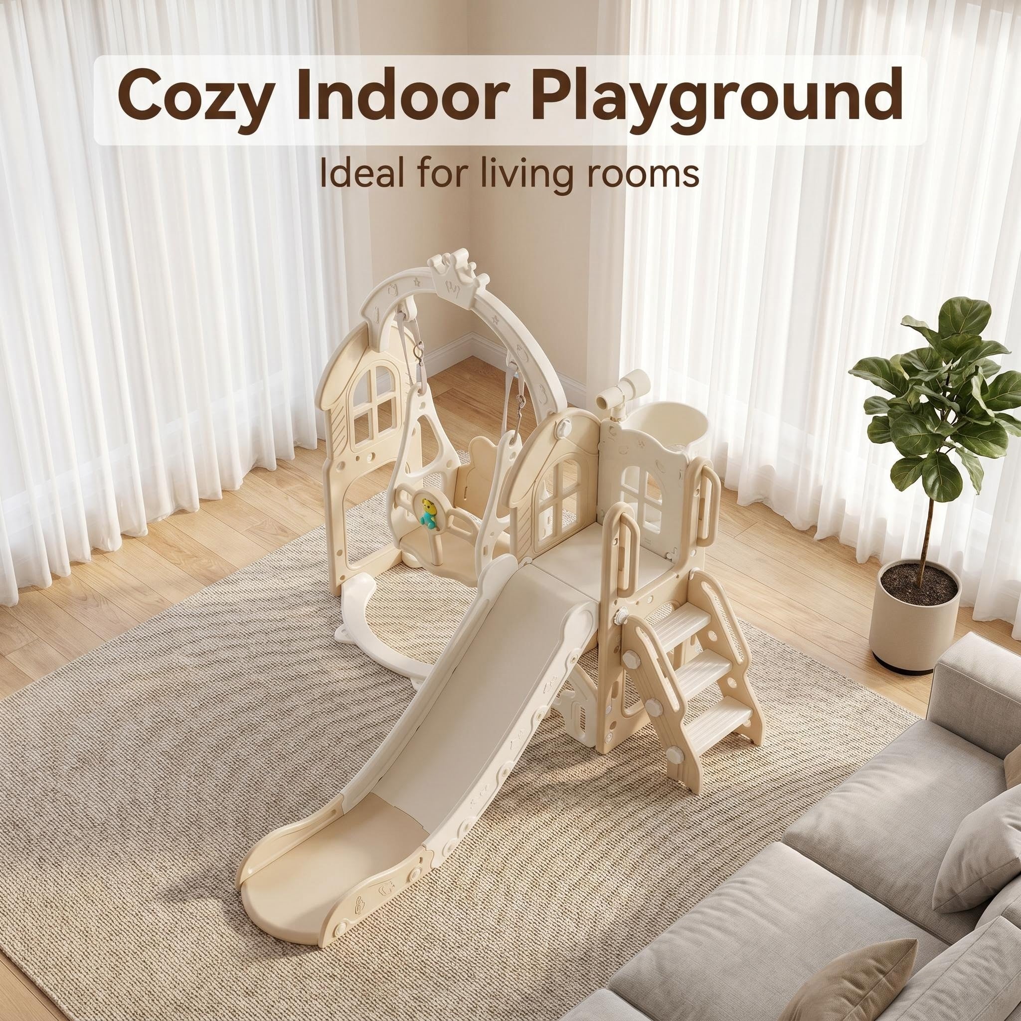 Speeltoestel Toren Natural beige met schommel en glijbaan voor kinderen binnen en buiten