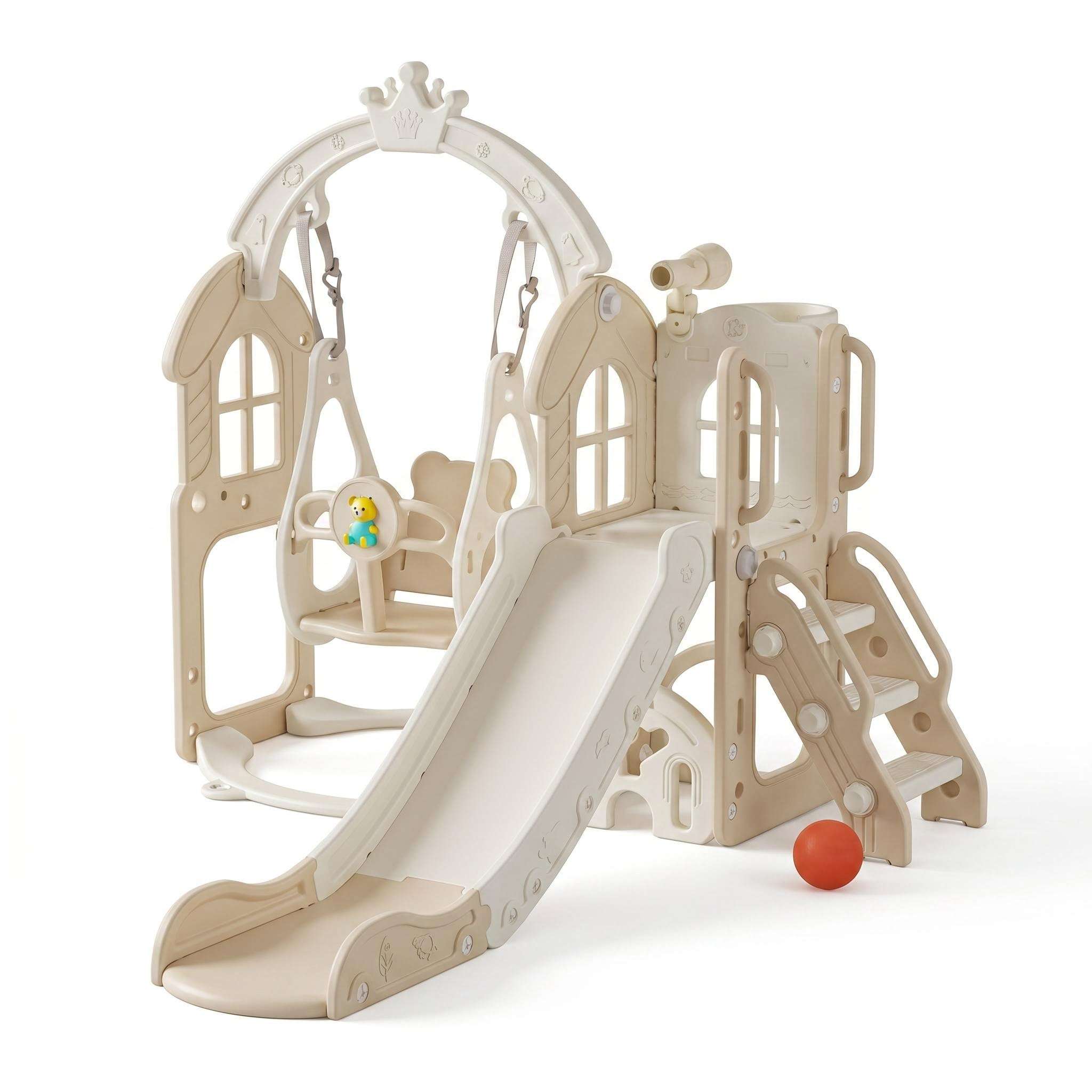Beige Speeltoestel Toren met Schommel en Glijbaan voor kinderen tot 5 jaar, geschikt voor binnen en buitengebruik.
