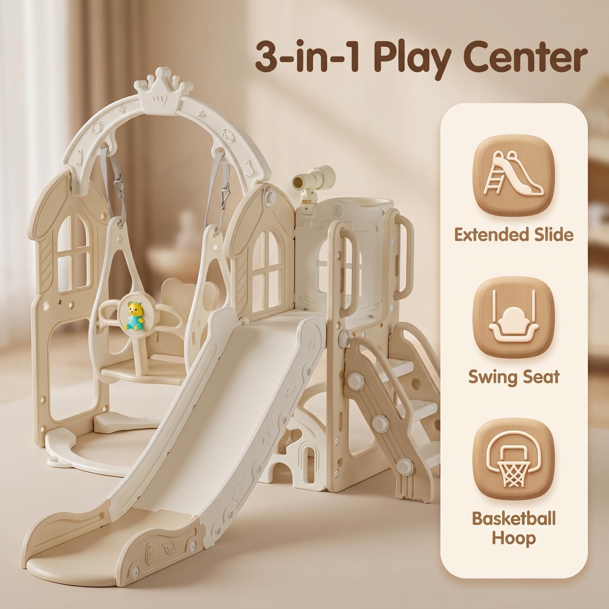 Speeltoestel Toren Natural Beige met schommel en glijbaan voor kinderen binnen en buiten