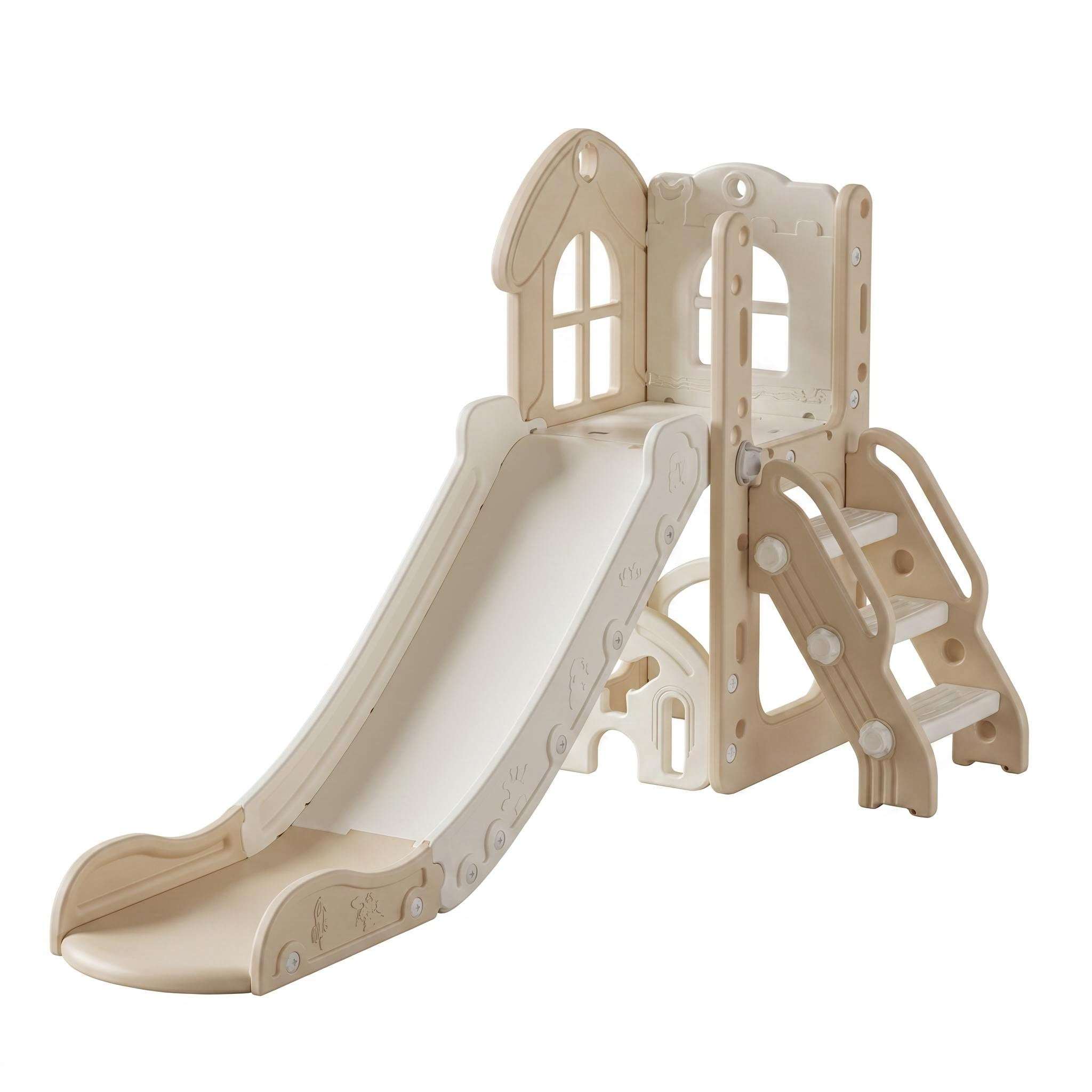 Beige speeltoestel toren met glijbaan voor kinderen, geschikt voor binnen en buitengebruik