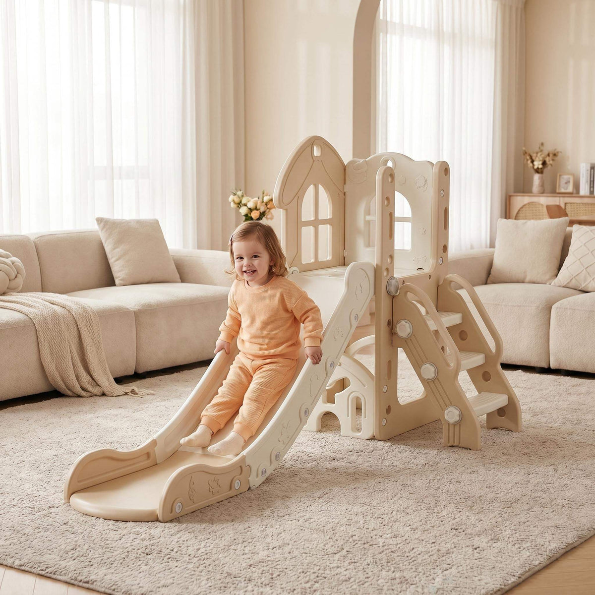 Beige Speeltoestel Toren met glijbaan voor binnen en buiten, geschikt voor peuters en kleuters