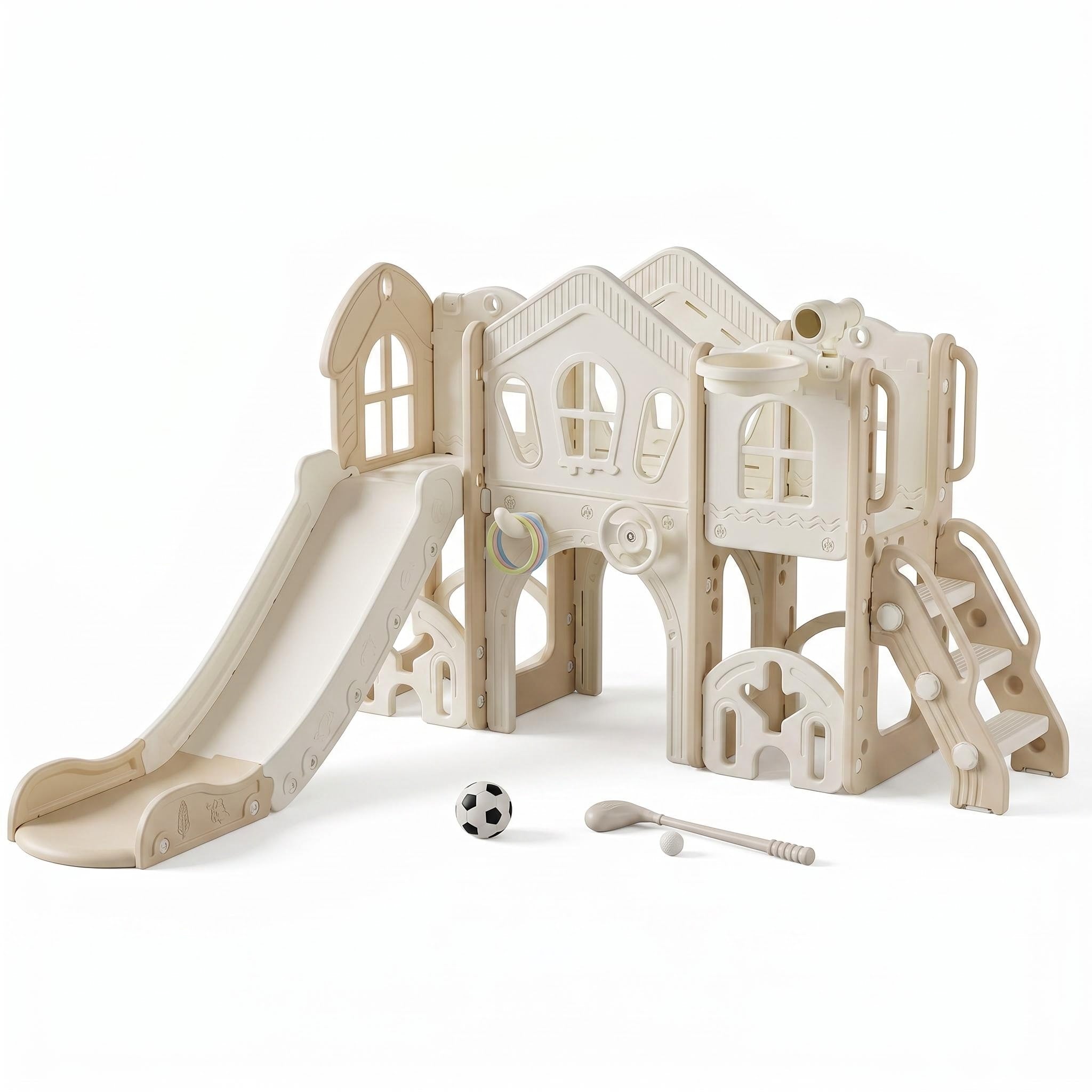 Speeltoestel Torenbmet glijbaan XL Natural Beige, met loopbrug en verrekijker voor kinderen binnen en buiten