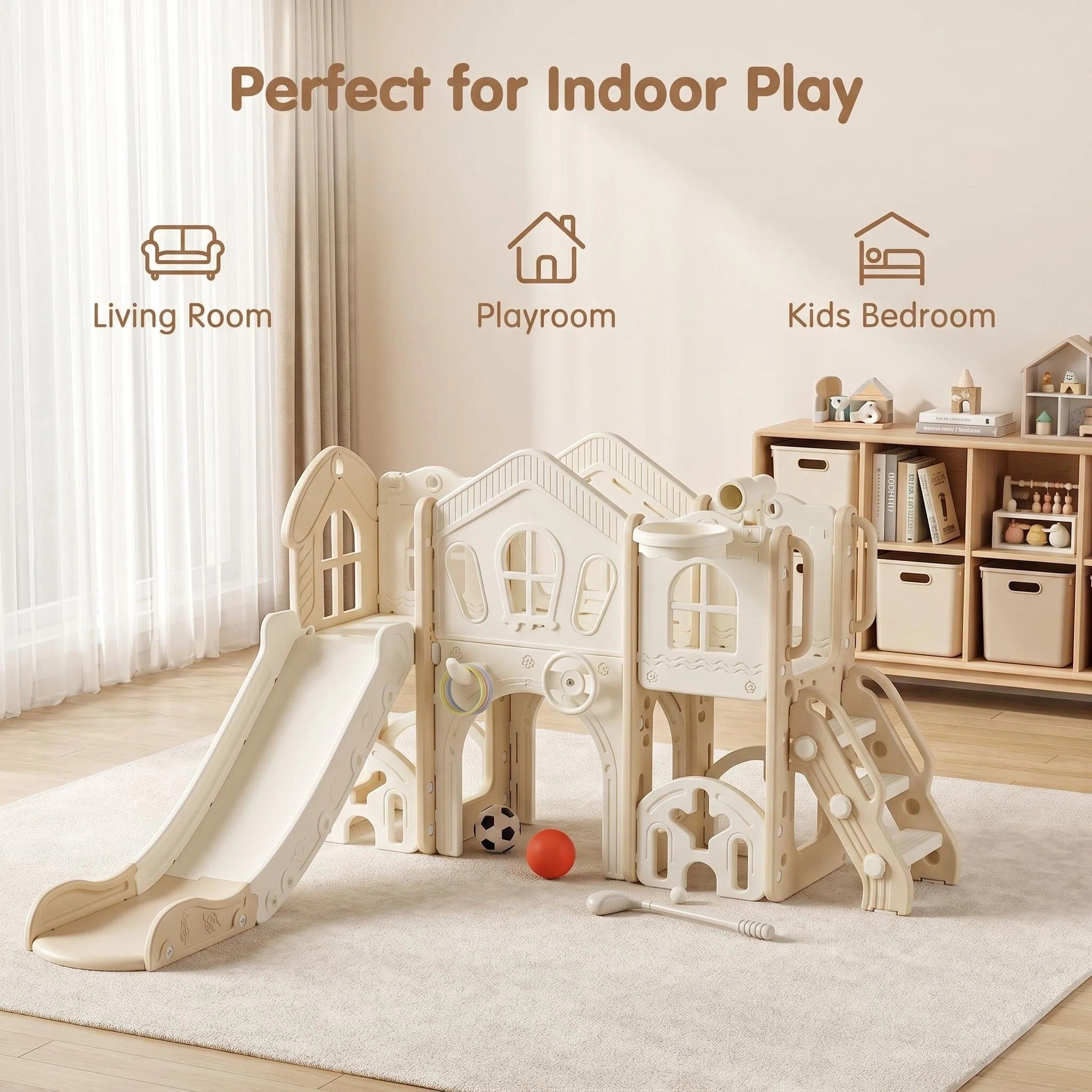 Beige Speeltoestel Toren met glijbaan XL, en loopbrug Natural Beige voor kinderen binnen en buiten
