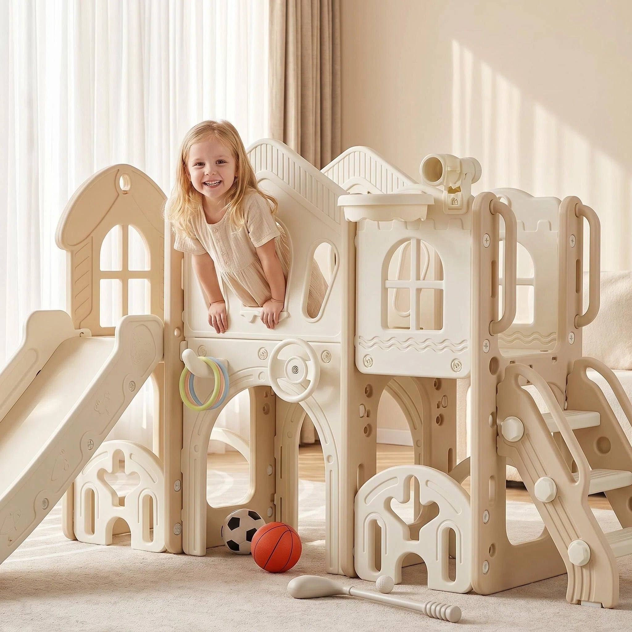 Beige Speeltoestel Toren met glijbaan XL, loopbrug en verrekijker voor kinderen binnen en buiten