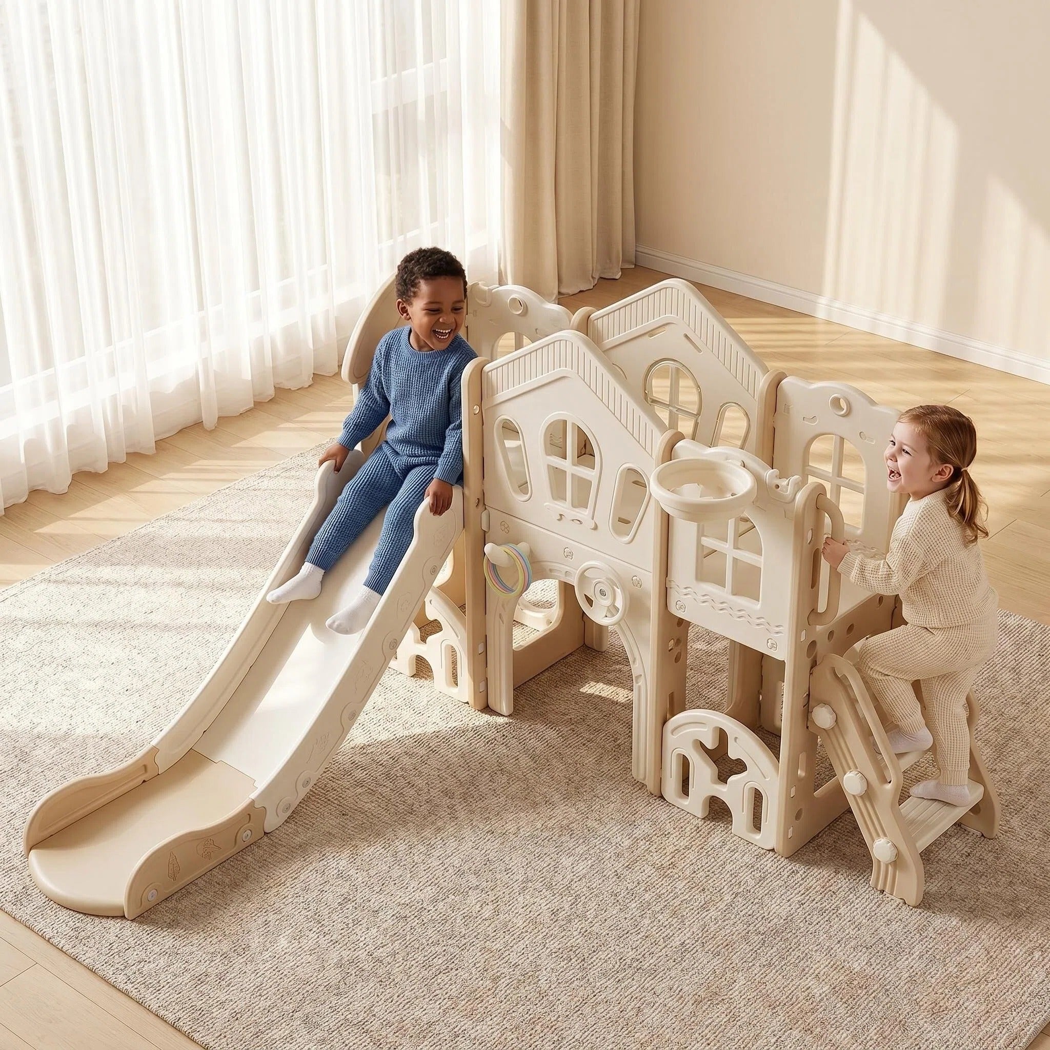 Speeltoestel Toren met glijbaan XL en loopbrug voor kinderen Natural Beige