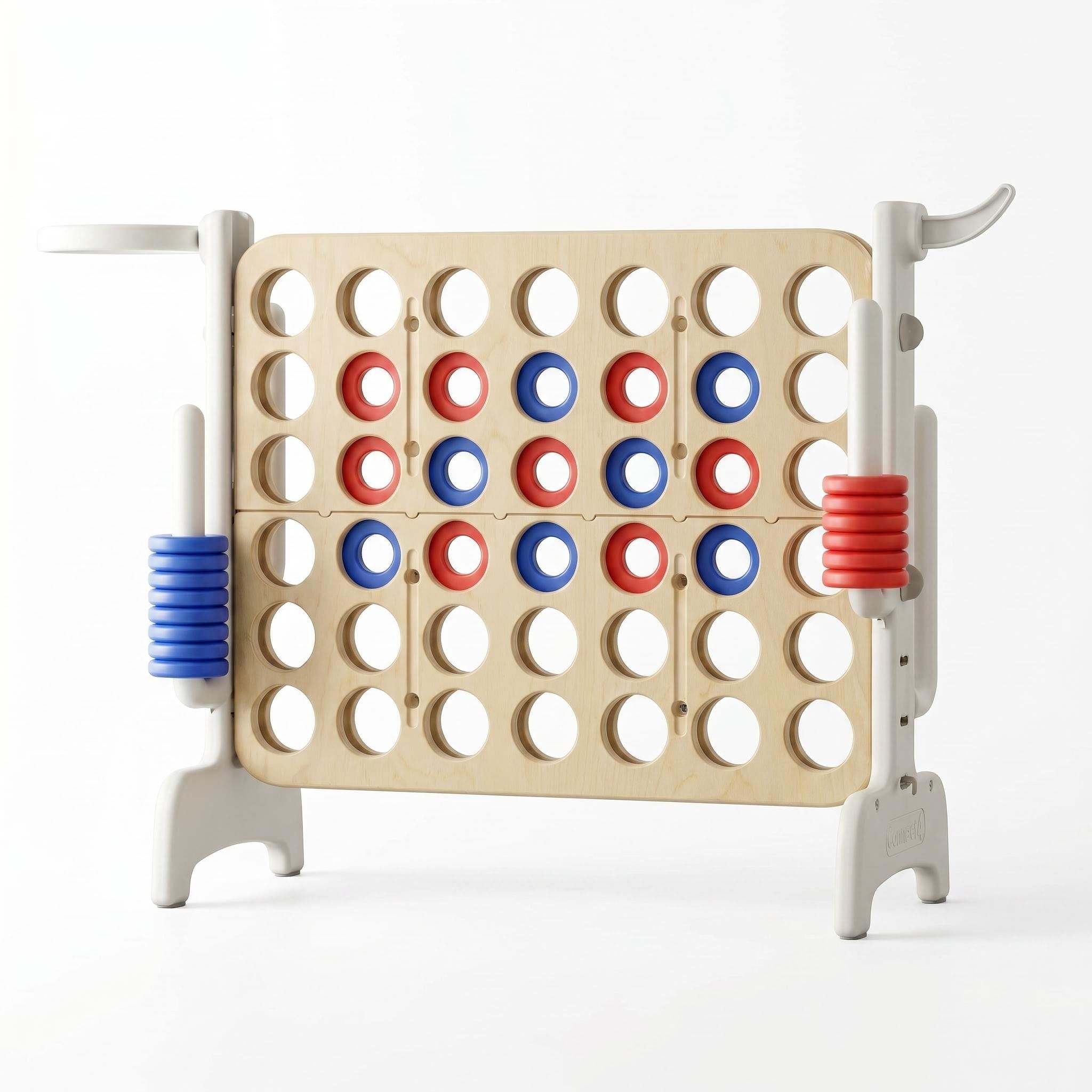 Montessori XXL 4 op een Rij strategiespel met houten look en rode en blauwe speelstenen