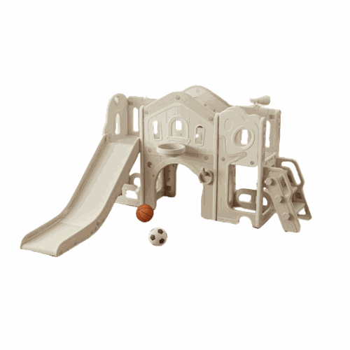 Beige/créme Speeltoestel Toren Luxe Nature met glijbaan en loopbrug voor kinderen, duurzaam kunststof, geschikt voor peuters en kleuters.