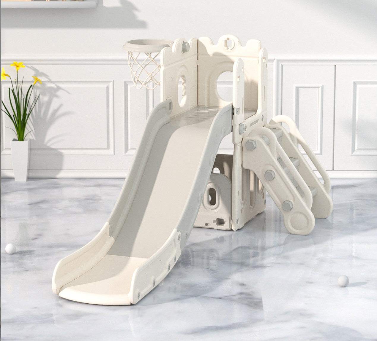 Speeltoestel Toren met glijbaan 3 in 1 wit/grijs met glijbaan en basketbalring voor peuters en kleuters, geschikt voor binnen en buitengebruik