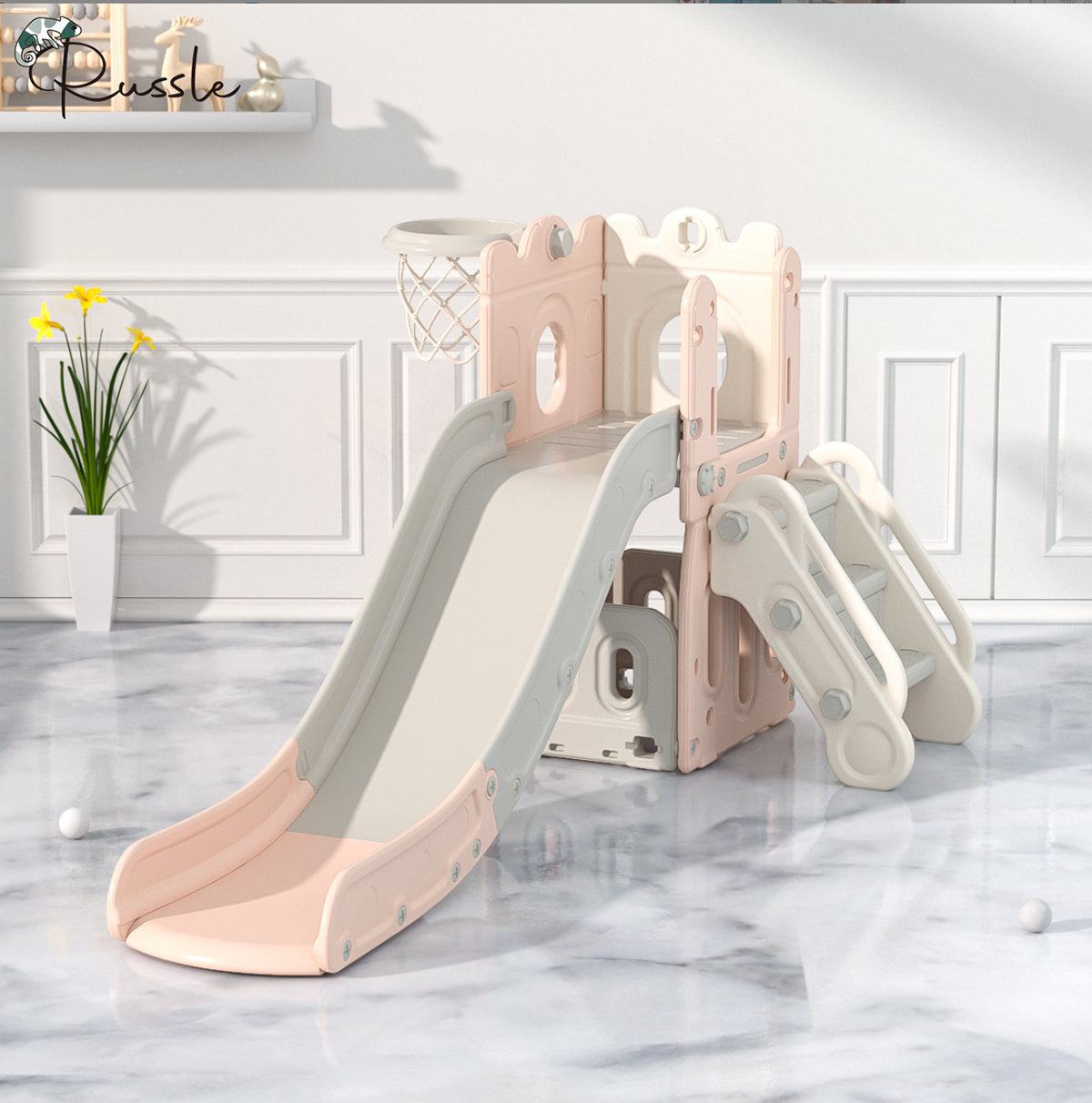 Speeltoestel Toren 3 in 1 roze met glijbaan en basketbalring voor peuters binnen en buitengebruik