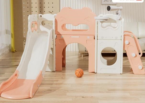 Speeltoestel met Glijbaan Kasteel XL roze crème voor binnen en buiten met glijbaan en loopbrug