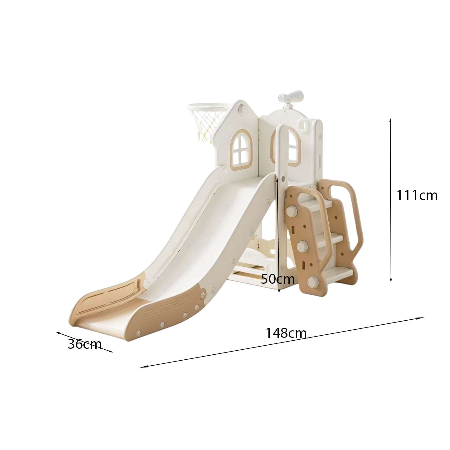 Speeltoestel Toren Cosy met glijbaan beige voor peuters en kleuters met antislip treden