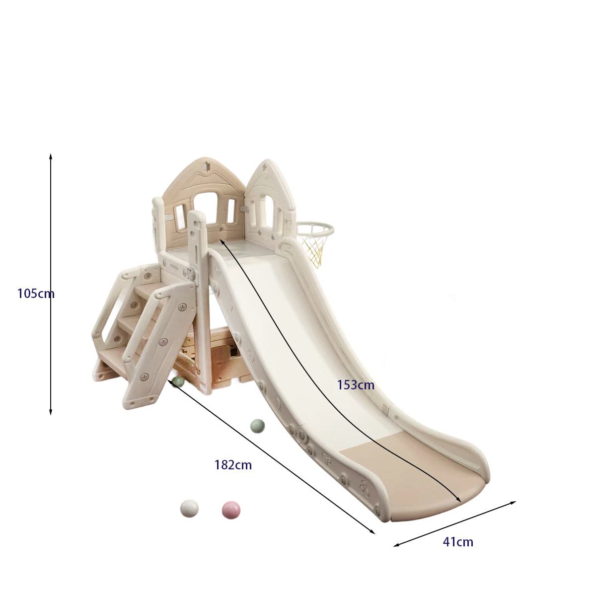 Beige speeltoestel toren huis met glijbaan van 153 cm en antislip treden voor kinderen 1-5 jaar.