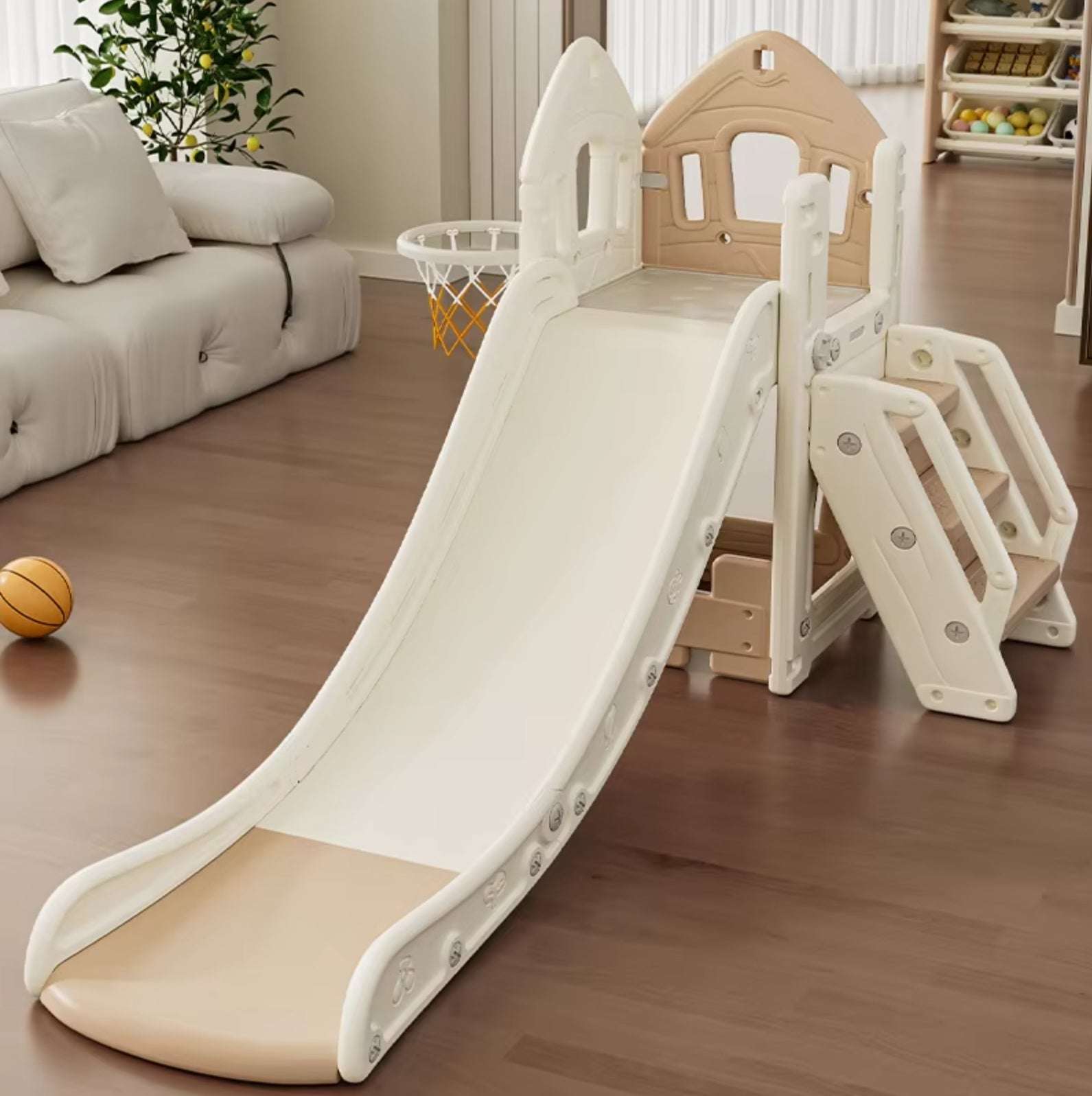 Speeltoestel Huis beige kunststof kinderspeeltoestel met glijbaan voor binnen en buiten