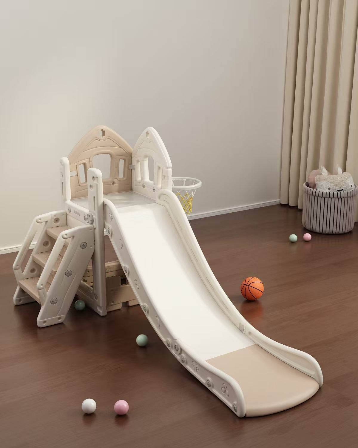 Kinderspeeltoestel Huis crème/beige met glijbaan voor binnen en buiten kinderen 1-5 jaar