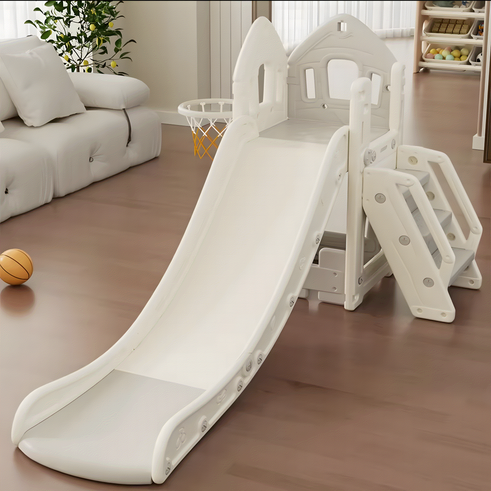 Speeltoestel Toren Huis grijs/wit met glijbaan voor kinderen binnen en buiten spelen