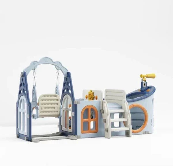 Speeltoestel Boot Multicolor blauw met glijbaan, schommel, verrekijker en stuurtje voor binnen en buiten gebruik, geschikt voor peuters en kleuters