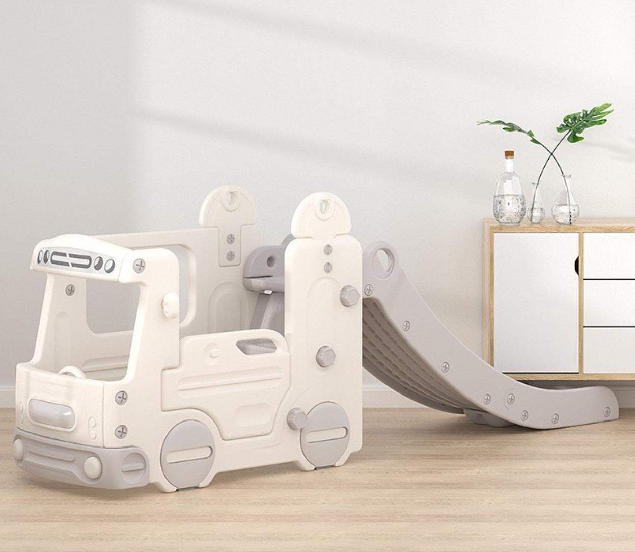 Wit speeltoestel peuter busje met glijbaan voor binnen en buiten, geschikt voor kinderen 1-3 jaar