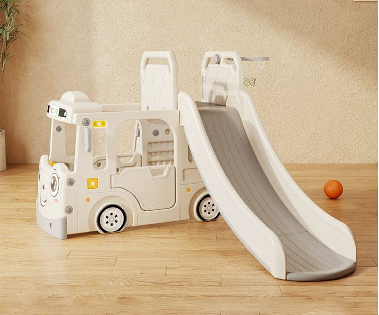 Speeltoestel Peuter Busje robuust grijs/wit met glijbaan, stuur en basketbalring voor binnen en buitengebruik