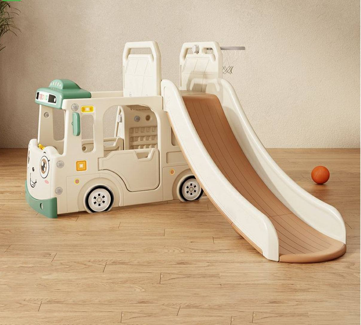 Speeltoestel Peuter Busje Robuust Crème/Beige met glijbaan en basketbalring voor binnen en buitengebruik