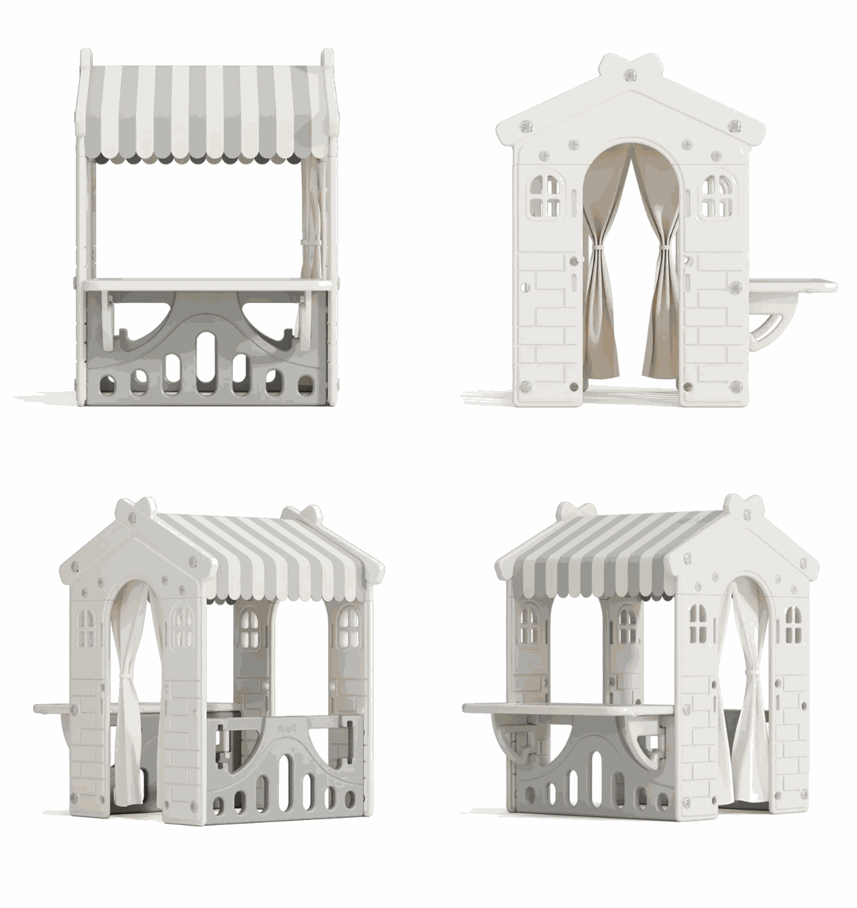 Speelhuis XL Grijs/Wit kunststof speelhuisje voor binnen en buiten met deur, stoffen dak en werkblad voor peuters en kleuters.