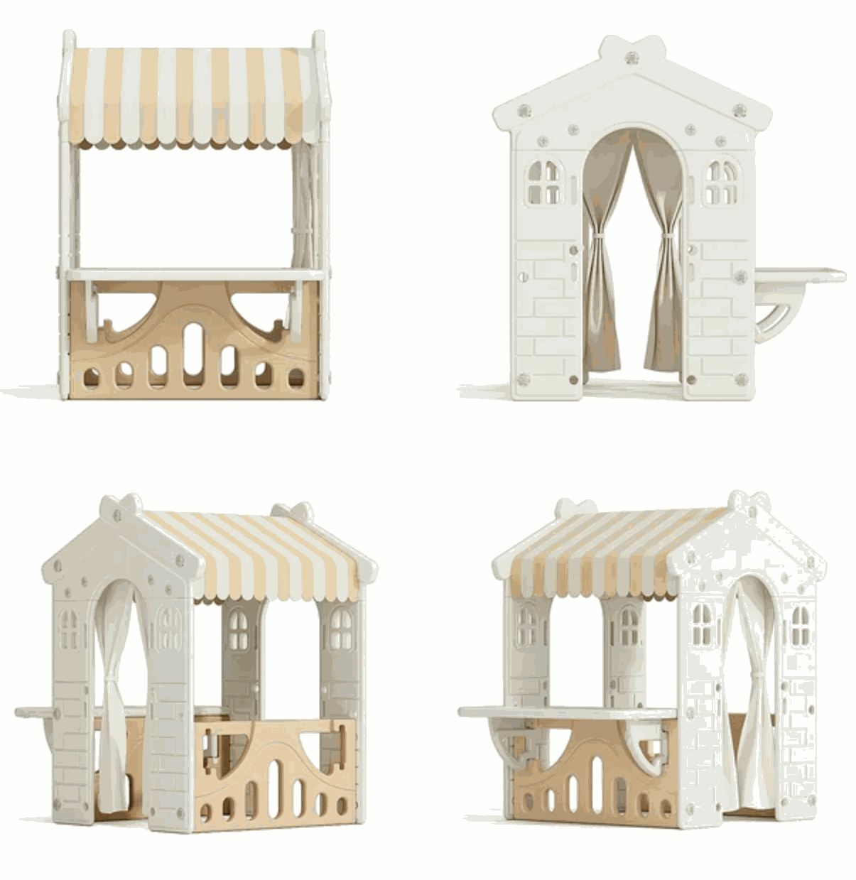 Speelhuis XL Crème/Beige kunststof speelhuis voor peuters en kleuters met deurtje, stoffen dak en toonbankje, geschikt voor binnen en buitengebruik