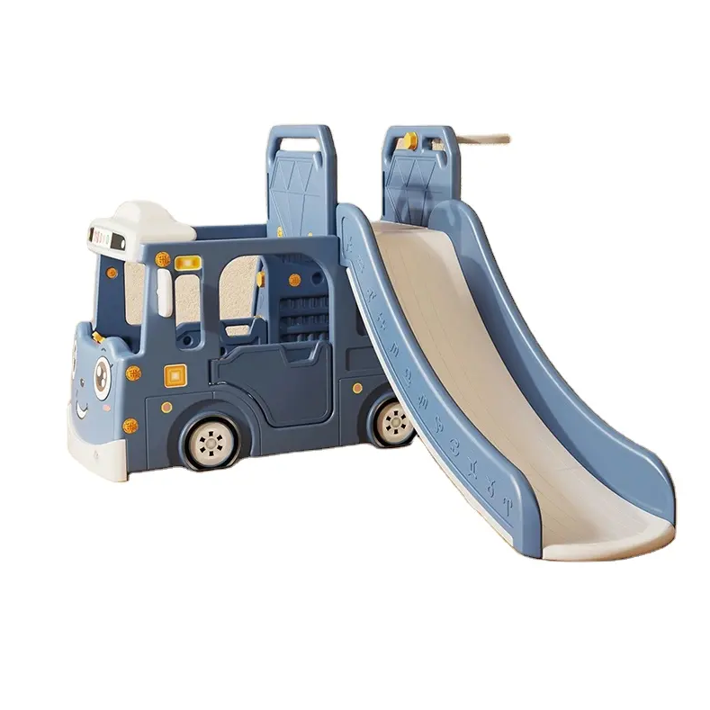 Blauw Speeltoestel Peuter Busje met glijbaan en basketbalring voor binnen en buiten gebruik