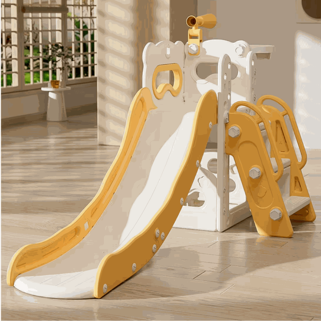 Speeltoestel Toren 3 in 1 crème/geel met glijbaan en verrekijker voor peuters en kleuters binnen en buitengebruik