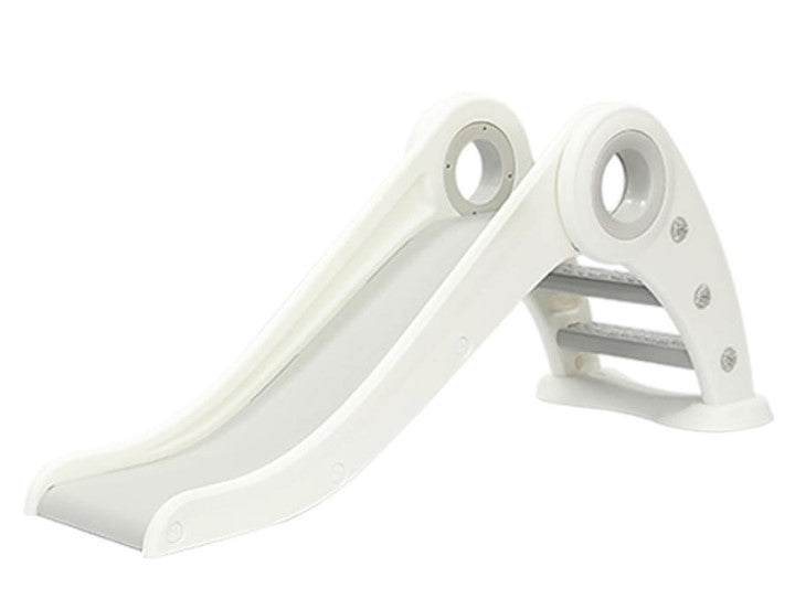 Inklapbare wit/grijze glijbaan voor peuters, geschikt voor binnen en buiten, duurzaam kunststof, compact en veilig design