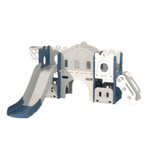 Speeltoestel Kasteel XL blauw met glijbaan, basketbalring en loopbrug voor binnen en buiten gebruik, geschikt voor peuters en kleuters.