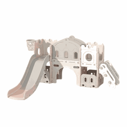Speeltoestel Kasteel XL roze en grijs met glijbaan, basketnet en loopbrug voor binnen en buiten spelen