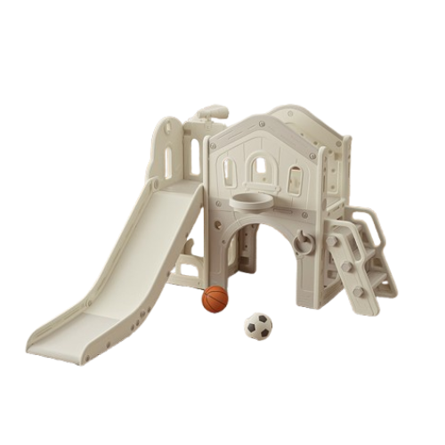 Speeltoestel Toren 3 in 1 Nature met glijbaan en basket Grijs/Wit