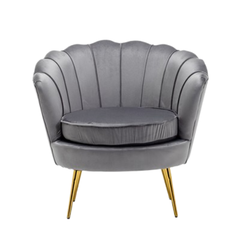 Grijze Velvet Schelp Fauteuil met gouden onderstel in ronde vorm