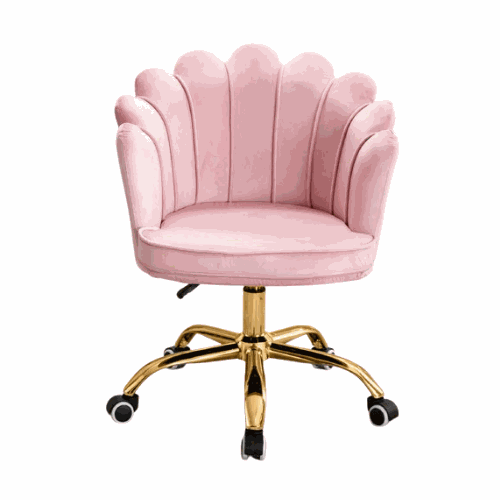 Roze Velvet Schelp Bureaustoel met goudkleurig onderstel en draaibare wielen