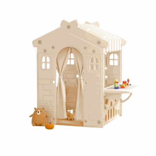 Speelhuis XL Crème/Beige kunststof speelhuisje met deur en werkblad voor peuters en kleuters binnen en buiten