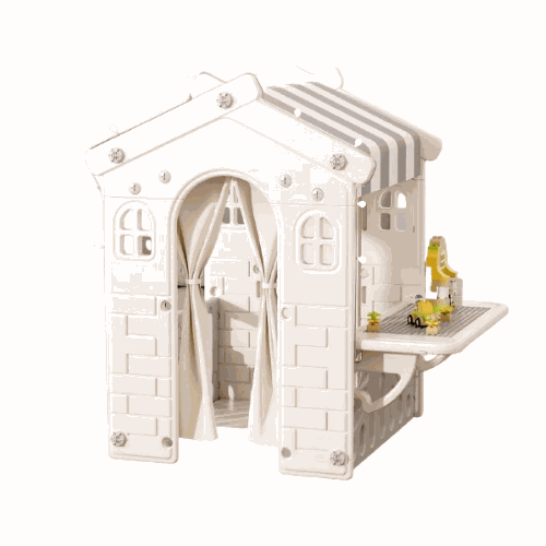 Speelhuis XL Grijs/Wit kunststof speelhuis voor binnen en buiten met deurtje, stofdak en werkblad voor peuters en kleuters