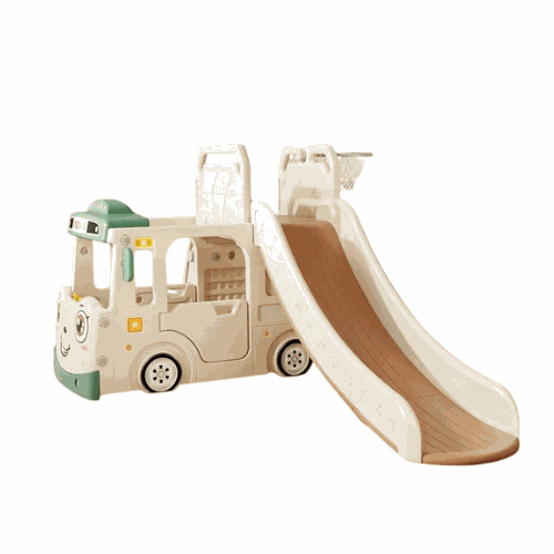 Speeltoestel Peuter Busje robuust crème beige met glijbaan en basketbalring voor binnen en buiten gebruik